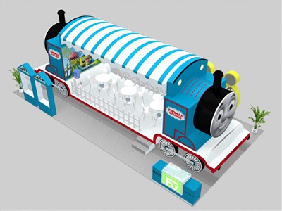 72平米展臺(tái)設(shè)計(jì)制作：四面開口/卡通/木質(zhì)結(jié)構(gòu)/藍(lán)色，為玩具展展商而作（免費(fèi)使用）