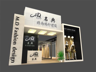 133平米展臺設(shè)計制作：一面開口/現(xiàn)代/木質(zhì)結(jié)構(gòu)/黑色，為服裝展展商而作（免費使用）