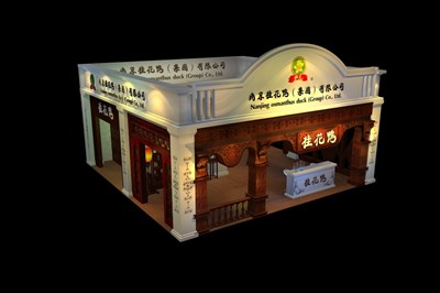 64平米展臺設計制作：二面開口/現(xiàn)代/木質結構/白色，為食品展展商而作（免費使用）