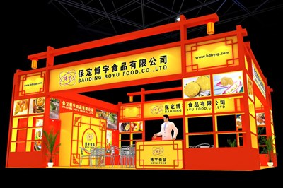 90平米展臺設計制作：三面開口/中式/木質(zhì)結構/紅色，為食品展展商而作（免費使用）