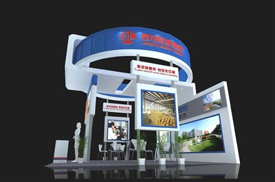 36平米展臺設計制作：三面開口/現(xiàn)代/木質(zhì)結(jié)構(gòu)/藍色，為食品展展商而作（免費使用）