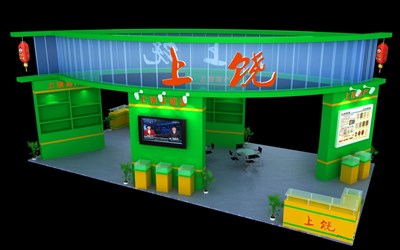 72平米展臺設計制作：四面開口/現(xiàn)代/木質(zhì)結構/綠色，為食品展展商而作（免費使用）