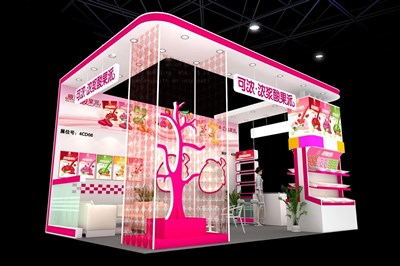 24平米展臺(tái)設(shè)計(jì)制作：三面開口/現(xiàn)代/木質(zhì)結(jié)構(gòu)/粉色，為食品展展商而作（免費(fèi)使用）