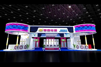 312平米展臺(tái)設(shè)計(jì)制作：四面開口/現(xiàn)代/木質(zhì)結(jié)構(gòu)/彩色，為家電展展商而作（免費(fèi)使用）