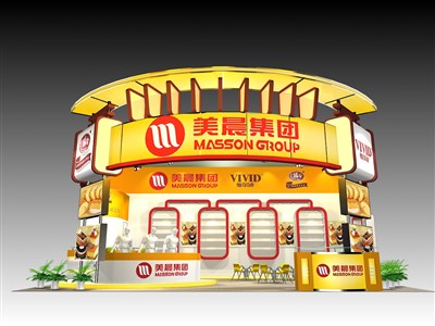60平米展臺設(shè)計制作：三面開口/現(xiàn)代/木質(zhì)結(jié)構(gòu)/黃色，為食品展展商而作（免費使用）