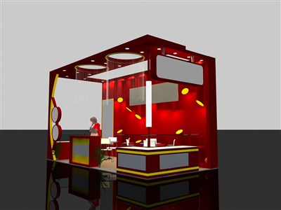 18平米展臺設(shè)計制作：三面開口/現(xiàn)代/木質(zhì)結(jié)構(gòu)/紅色，為食品展展商而作（免費(fèi)使用）