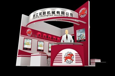 18平米展臺設計制作：二面開口/前衛(wèi)/木質(zhì)結(jié)構(gòu)/紅色，為機械展展商而作（免費使用）