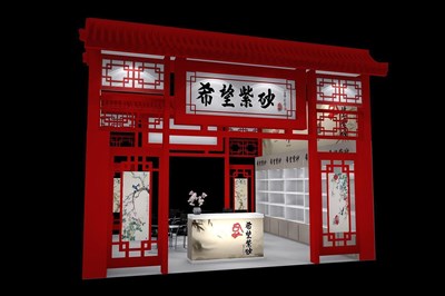 36平米展臺(tái)設(shè)計(jì)制作：二面開口/中式/木質(zhì)結(jié)構(gòu)/紅色，為家電展展商而作（免費(fèi)使用）