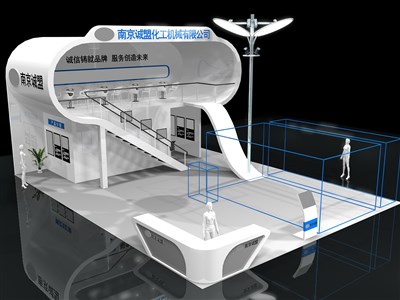 108平米展臺設(shè)計制作：三面開口/現(xiàn)代/雙層結(jié)構(gòu)/白色，為汽配展展商而作（免費使用）