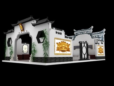 165平米展臺設(shè)計(jì)制作：四面開口/中式/型材結(jié)構(gòu)/灰色，為家具展展商而作（免費(fèi)使用）