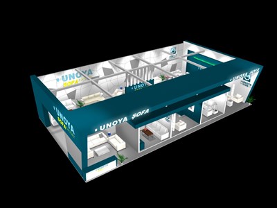 90平米展臺設(shè)計制作：二面開口/現(xiàn)代/型材結(jié)構(gòu)/藍色，為家具展展商而作（免費使用）