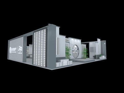 132平米展臺(tái)設(shè)計(jì)制作：三面開(kāi)口/前衛(wèi)/型材結(jié)構(gòu)/灰色，為房產(chǎn)展展商而作（免費(fèi)使用）