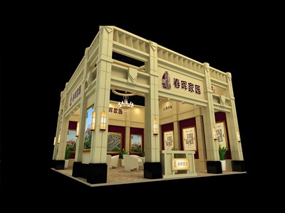 110平米展臺設(shè)計制作：二面開口/歐式/木質(zhì)結(jié)構(gòu)/米色，為房產(chǎn)展展商而作（免費使用）