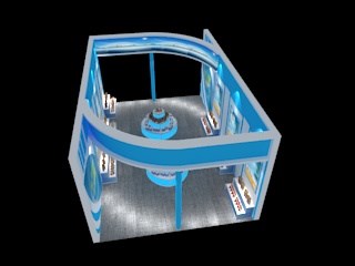 54平米展臺設(shè)計(jì)制作：二面開口/前衛(wèi)/木質(zhì)結(jié)構(gòu)/藍(lán)色，為旅游展展商而作（免費(fèi)使用）