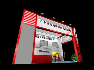 18平米展臺設(shè)計制作：二面開口/現(xiàn)代/木質(zhì)結(jié)構(gòu)/紅色，為綜合展展商而作（免費使用）