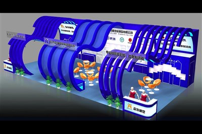 128平米展臺(tái)設(shè)計(jì)制作：三面開口/現(xiàn)代/木質(zhì)結(jié)構(gòu)/藍(lán)色，為建材展展商而作（免費(fèi)使用）