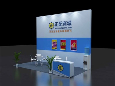 18平米展臺設(shè)計制作：二面開口/現(xiàn)代/木質(zhì)結(jié)構(gòu)/藍色，為汽配展展商而作（免費使用）