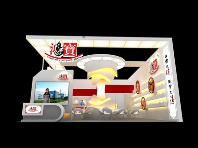 88平米展臺設(shè)計制作：二面開口/現(xiàn)代/木質(zhì)結(jié)構(gòu)/米色，為食品展展商而作（免費使用）