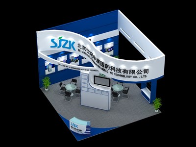 36平米展臺設(shè)計制作：三面開口/前衛(wèi)/木質(zhì)結(jié)構(gòu)/藍(lán)色，為醫(yī)藥展展商而作（免費使用）