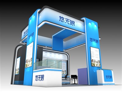 36平米展臺設(shè)計制作：三面開口/現(xiàn)代/木質(zhì)結(jié)構(gòu)/藍(lán)色，為食品展展商而作（免費使用）