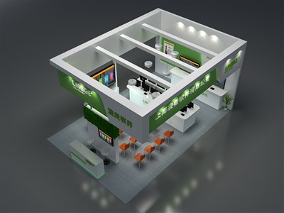 54平米展臺設(shè)計(jì)制作：三面開口/現(xiàn)代/木質(zhì)結(jié)構(gòu)/綠色，為電子展展商而作（免費(fèi)使用）